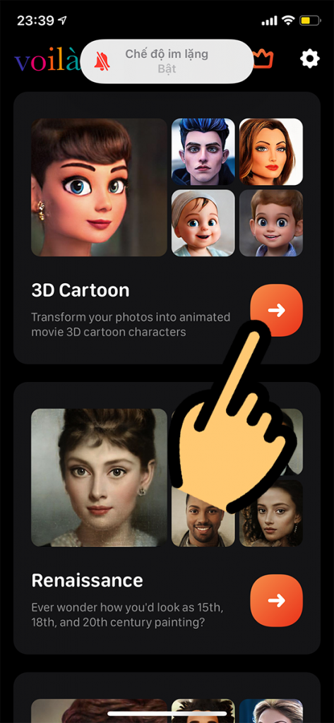 App Voila AI Artist: Nhấn vào mục 3D Cartoon