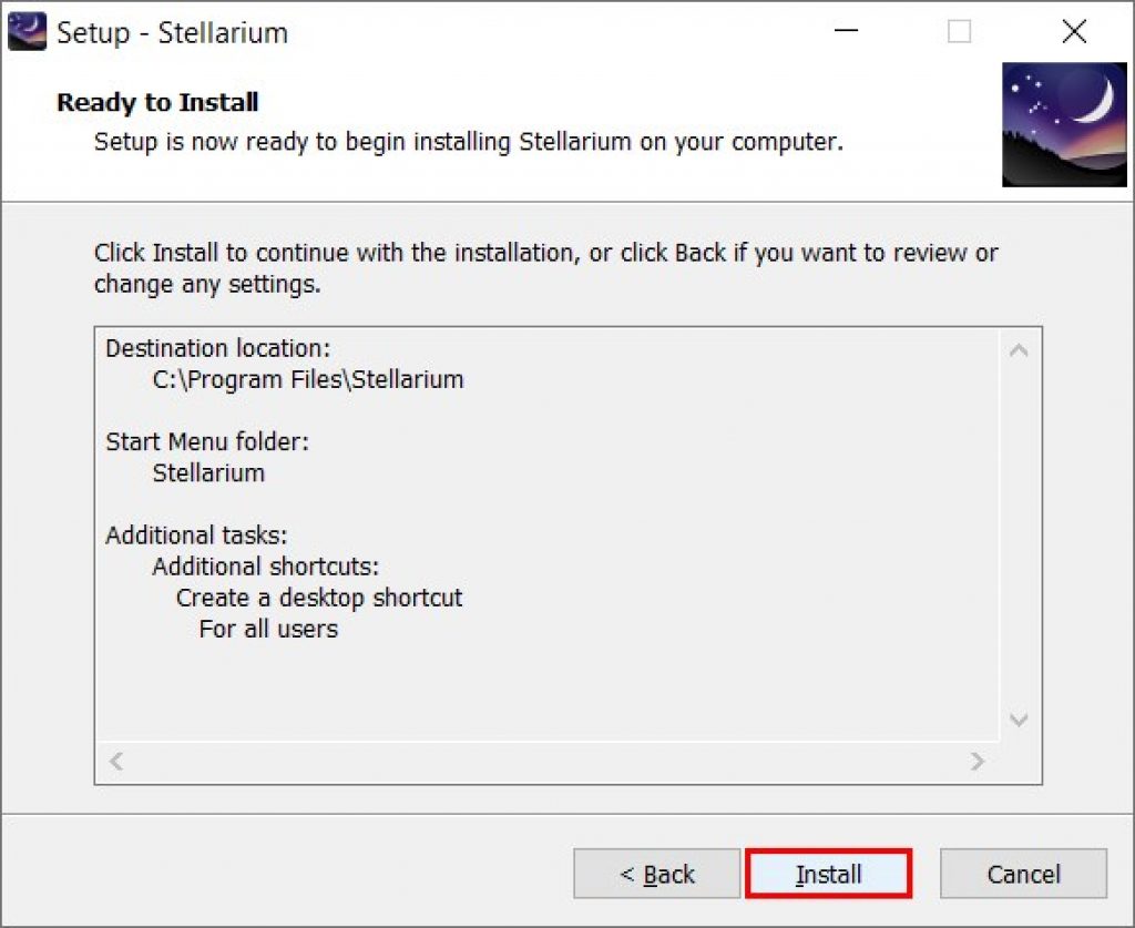 Nhấn Install để cài đặt Đồng ý điều khoản cài đặt phần mềm Stellarium