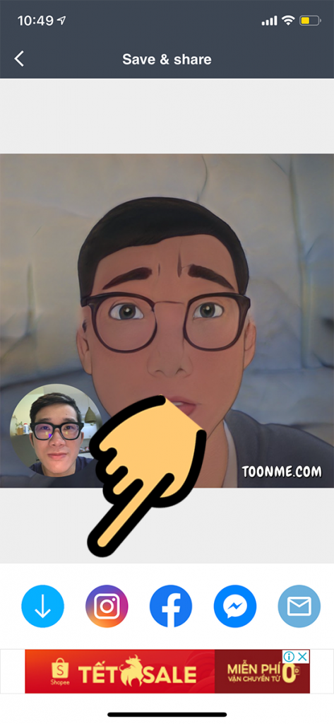 App ToonMe: Tải hình về máy hoặc đăng lên các mạng xã hội