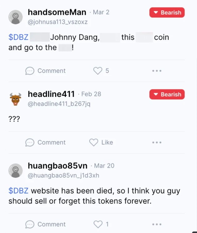 Website DBZ coin của Johnny Đặng nhà đầu tư xác định mất trắng